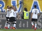 Jose Mauri of Parma FC celebrates with his team-mates after scoring the opening goal during the Serie A match between Parma FC and Juventus FC at Stadio Ennio Tardini on April 11, 2015