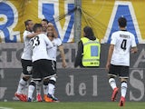 Jose Mauri of Parma FC celebrates with his team-mates after scoring the opening goal during the Serie A match between Parma FC and Juventus FC at Stadio Ennio Tardini on April 11, 2015