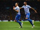 Clint Hill of QPR (6) celebrates with Sandro as he scores their second goal during the Barclays Premier League match between Aston Villa and Queens Park Rangers at Villa Park on April 7, 2015