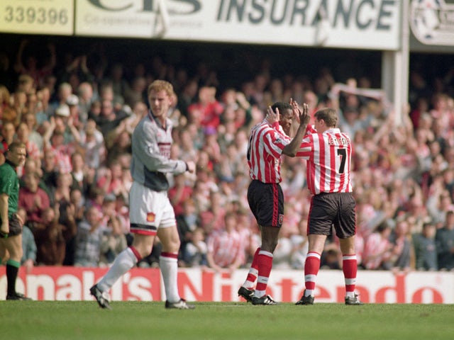 Ken Monkou celebrates his goal with team-mate Matthew Le Tissier of Southampton during the FA Carling Premiership match between Southampton and Manchester United held on April 13, 1996