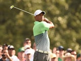 Tiger Woods of the US plays during a practice round for he 79th Masters Golf Tournament at Augusta National Golf Club on April 8, 2015