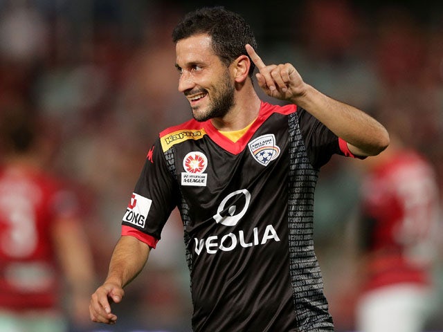 Sergio Cirio of United celebrates scoring a goal during the round 26 A-League match between the Western Sydney Wanderers and Adelaide United at Pirtek Stadium on April 18, 2015