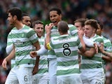Virgil Van Dijk of Celtic celebrates scoring a goal with his team mates during the William Hill Scottish Cup Semi Final match between Inverness Caledonian Thistle and Celtic at Hamden Park on April 19, 2015