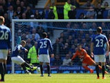 Ross Barkley of Everton takes a penalty that is saved by Thomas Heaton of Burnley during the Barclays Premier League match between Everton and Burnley at Goodison Park on April 18, 2015
