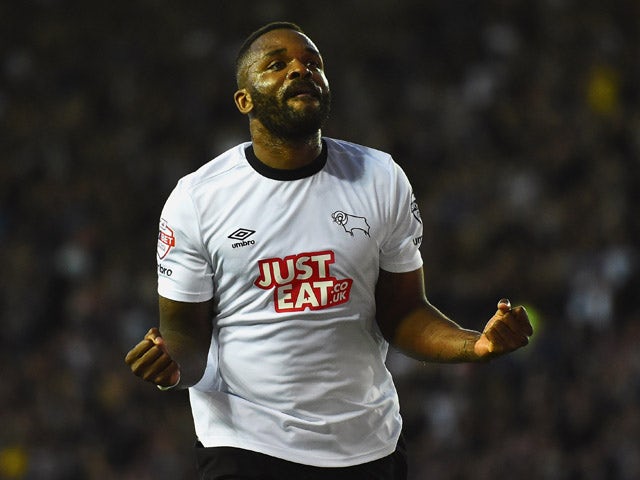 Darren Bent of Derby County celebrates as he scores their third goal during the Sky Bet Championship match between Derby County and Blackpool at iPro Stadium on April 14, 2015