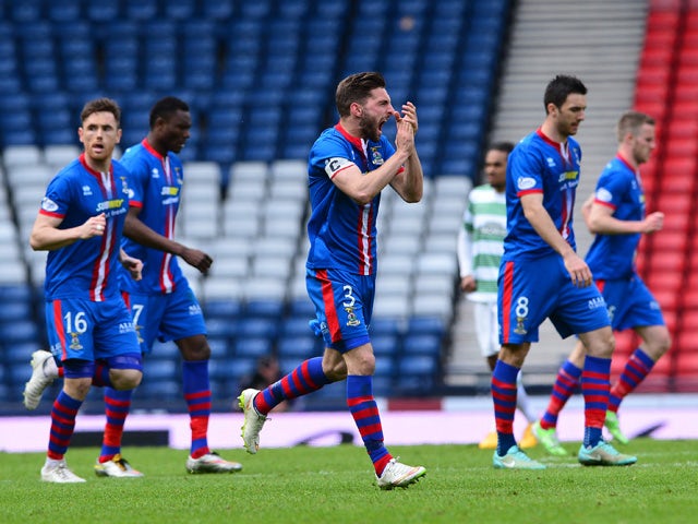 Graeme Shinnie, of Inverness Caledonian Thistle celebrates Greg Tansey's goal in the second half during the William Hill Scottish Cup Semi Final match between Inverness Caledonian Thistle and Celtic at Hamden Park on April 19, 2015