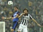 Joao Moutinho of AS Monaco FC competes for the ball with Andrea Pirlo of Juventus FC during the UEFA Champions League Quarter Final First Leg match between Juventus and AS Monaco FC at Juventus Arena on April 14, 2015 