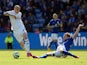 Marc Albrighton of Leicester City tackles Jonjo Shelvey of Swansea during the Barclays Premier League match between Leicester City and Swansea City at The King Power Stadium on April 18, 2015