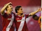Jelle Vossen of Middlesbrough celebrates with Patrick Bamford as he scores their first goal during the Sky Bet Championship match between Middlesbrough and Wolverhampton Wanderers at Riverside Stadium on April 14, 2015