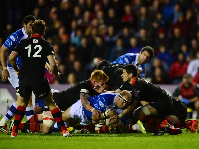 Brok Harris of Newport Gwent Dragons scores a try early in the second half during the European Rugby Challenge Cup Semi Final match, between Edinburgh Rugby and Newport Gwent Dragons at Murrayfield Stadium on April 17, 2015