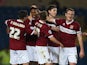 Ivan Toney of Northampton Town is congratulated by team mates after scoring his sides 1st goal during the Sky bet League Two match between Oxford United and Northampton Town at Kassam Stadium on April 14, 2015