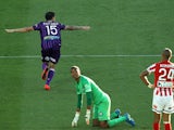 Jamie Maclaren of Perth Glory celebrates after scoring a goal during the round 26 A-League match between the Perth Glory and Melbourne City FC at nib Stadium on April 19, 2015
