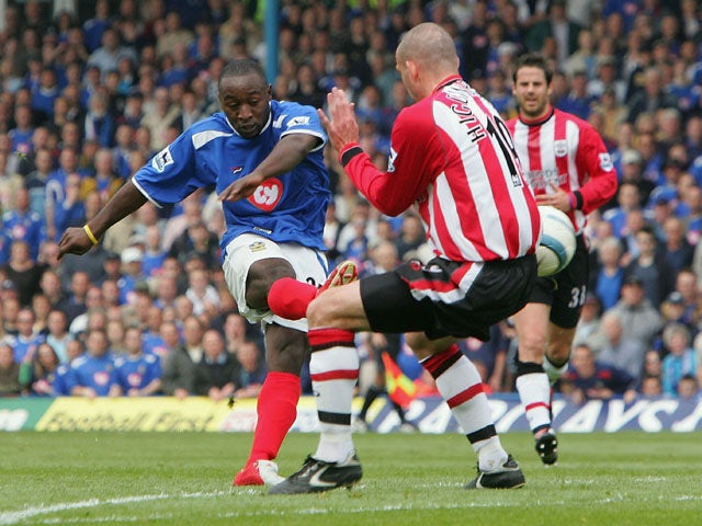 Lomana LuaLua of Southampton curls in his second goal during the Barclays Premiership match between Portsmouth and Southampton at Fratton Park on April 24, 2005