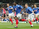 Yakubu of Portsmouth celebrates scoring from the penalty spot during the Barclays Premiership match between Portsmouth and Southampton at Fratton Park on April 24, 2005