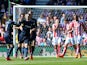 Morgan Schneiderlin of Southampton celebrates the first goal with his team-mates during the Barclays Premier League match between Stoke City and Southampton at the Britannia Stadium on April 18, 2015 