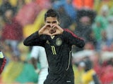 Mexican forward Ulises Davila celebrates after scoring against France during the FIFA 2011 Under-20 World Cup third place football match in Bogota on August 20, 2011