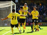 Craig Cathcart of Watford celebrates scoring the first goal during the Sky Bet Championship match between Watford and Birmingham City at Vicarage Road on April 18, 2015