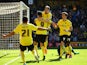 Craig Cathcart of Watford celebrates scoring the first goal during the Sky Bet Championship match between Watford and Birmingham City at Vicarage Road on April 18, 2015