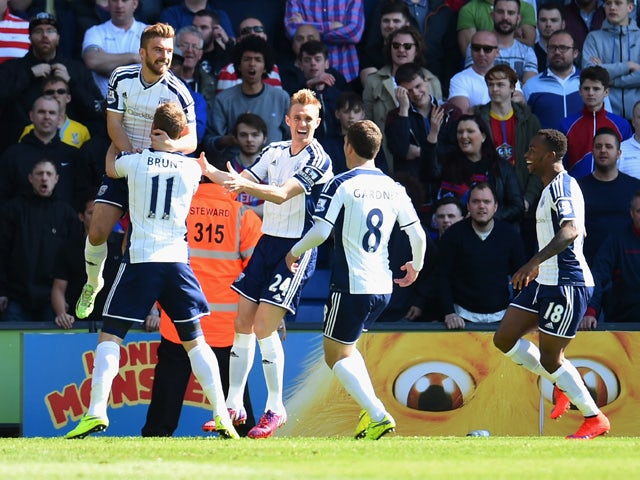 James Morrison of West Bromwich Albion celebrates with team mates as he scores their goal during the Barclays Premier League match between Crystal Palace and West Bromwich Albion at Selhurst Park on April 18, 2015