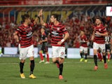 Tomi Juric of the Wanderers celebrates scoring a goal with team mates during the round 26 A-League match between the Western Sydney Wanderers and Adelaide United at Pirtek Stadium on April 18, 2015