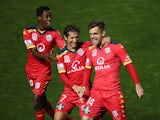 Cameron Watson of United reacts after scoring from a penalty during the round 26 A-League match between Adelaide United and Melbourne City at Coopers Stadium on April 25, 2015
