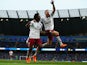 Tom Cleverley of Aston Villa celebrates with goalscorer Carlos Sanchez during the Barclays Premier League match between Manchester City and Aston Villa at Etihad Stadium on April 25, 2015