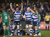 Dave Attwood of Bath celebrates after Sam Burgess scores the bonus point try during the Aviva Premiership match between Bath and London Irish at the Recreation Ground on April 24, 2015