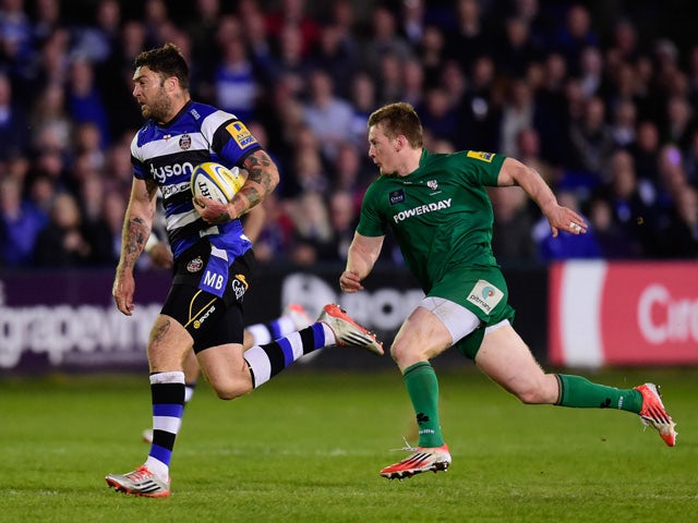 Bath player Matt Banahan makes a break during the Aviva Premiership match between Bath Rugby and London Irish at the Recreation Ground on April 24, 2015