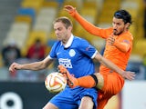 FC Dnipro's Yevhen Cheberyachko vies with Brugge's Lior Refaelov during the UEFA Europa League second leg quarter-final football match between FC Dnipro Dnipropetrovsk and Club Brugge KV in Kiev on April 23, 2015
