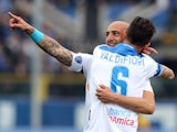 Massimo Maccarone (L) of Empoli celebrates after scoring his team's second goal during the Serie A match between Atalanta BC and Empoli FC at Stadio Atleti Azzurri d'Italia on April 26, 2015