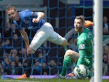 Everton's Scottish-born Irish midfielder James McCarthy scores past Manchester United's Spanish goalkeeper David de Gea during the English Premier League football match between Everton and Manchester United at Goodison park in Liverpool on April 26, 2015