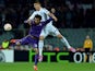 Dynamo Kiev's defender Yevhen Khacheridi vies with Fiorentina's Egyptian midfielder Mohamed Salah during the UEFA Europa League football match between Fiorentina and FC Dynamo Kiev at the Artemio Franchi Stadium in Florence on April 23, 2015