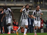 Andrea Pirlo of Juventus FC celebrates the opening goal during the Serie A match between Torino FC and Juventus FC at Stadio Olimpico di Torino on April 26, 2015