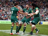 Ben Youngs of Leicester Tigers is congratulated after he goes over to score the opening try during the Aviva Premiership match between Leicester Tigers and London Welsh at Welford Road on April 25, 2015
