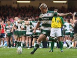 Jordan Crane of Leicester kicks a match winning penalty during the sudden death penalty shoot out to decide the outcome of the Heineken Cup semi final match between Cardiff Blues and Leicester Tigers at the Millennium Stadium on May 3, 2009