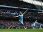 Sergio Aguero of Manchester City celebrates scoring the opening goal during the Barclays Premier League match between Manchester City and Aston Villa at Etihad Stadium on April 25, 2015