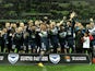 Melbourne Victory players celebrate after winning the premiers plate during the round 27 A-League match between the Melbourne Victory and Central Coast Mariners at AAMI Park on April 26, 2015