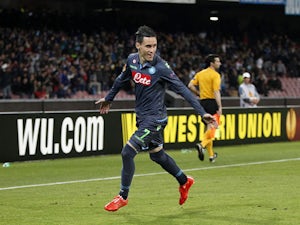 Jose Maria Callejon of Napoli celebrates after scoring goal 1-0 during the UEFA Europa League quarter-final second leg match between SSC Napoli and VfL Wolfsburg on April 23, 2015