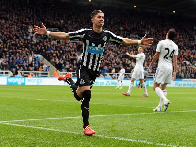 Ayoze Perez of Newcastle United celebrates scoring the opening goal during the Barclays Premier League match between Newcastle United and Swansea City at St James' Park on April 25, 2015