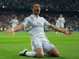 Javier Hernandez of Real Madrid CF celebrates as he scores their first goal during the UEFA Champions League quarter-final second leg match between Real Madrid CF and Club Atletico de Madrid at Bernabeu on April 22, 2015