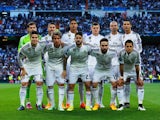 Real Madrid line up prior to the UEFA Champions League quarter-final second leg match between Real Madrid CF and Club Atletico de Madrid at Bernabeu on April 22, 2015