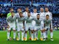 Real Madrid line up prior to the UEFA Champions League quarter-final second leg match between Real Madrid CF and Club Atletico de Madrid at Bernabeu on April 22, 2015