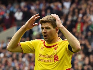 Steven Gerrard reacts to a missed chance during the FA Cup with semi on Aston Villa on April 19, 2015