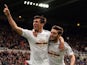 Jack Cork of Swansea City celebrates scoring their third goal with Matt Grimes of Swansea City during the Barclays Premier League match between Newcastle United and Swansea City at St James' Park on April 25, 2015