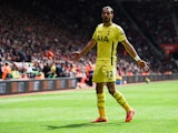 Nacer Chadli of Spurs celebrates as he scores their second goal during the Barclays Premier League match between Southampton and Tottenham Hotspur at St Mary's Stadium on April 25, 2015
