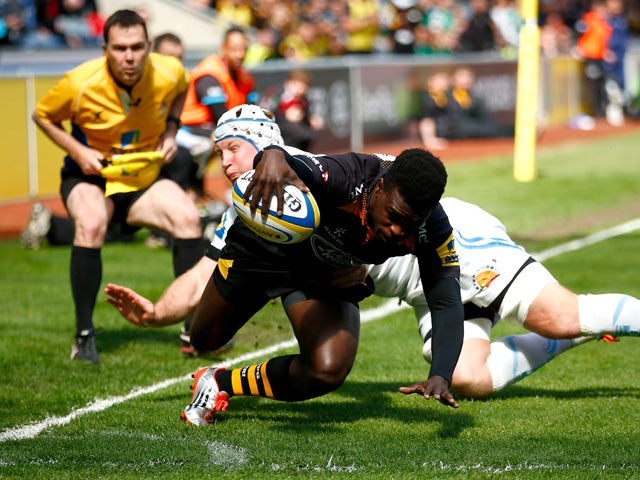 Christian Wade of Wasps dives over for a try during the Aviva Premiership match between Wasps and Exeter Chiefs at the Ricoh Arena on April 26, 2015