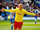 Matej Vydra of Watford celebrates after scoring to make it 2-0 during the Sky Bet Championship match between Brighton & Hove Albion and Watford at Amex Stadium on April 25, 2015