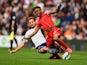 Craig Dawson of West Brom tackles Raheem Sterling of Liverpool during the Barclays Premier League match between West Bromwich Albion and Liverpool at The Hawthorns on April 25, 2015