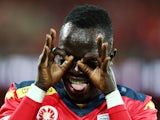 Awer Mabil of United celebrates after scoring a goal during the A-League Elimination Final match between Adelaide United and Brisbane Roar at Adelaide Oval on May 1, 2015