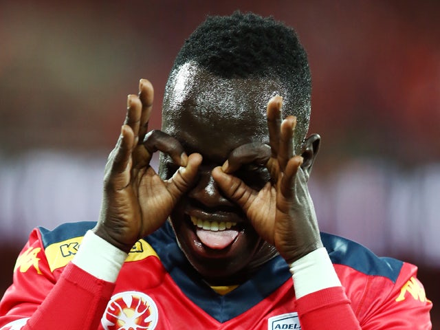 Awer Mabil of United celebrates after scoring a goal during the A-League Elimination Final match between Adelaide United and Brisbane Roar at Adelaide Oval on May 1, 2015